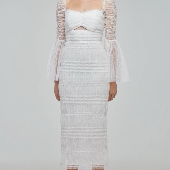 Self Portrait white Shirred Dot Mesh MIDI Dress - NWT - Picture 1 of 6